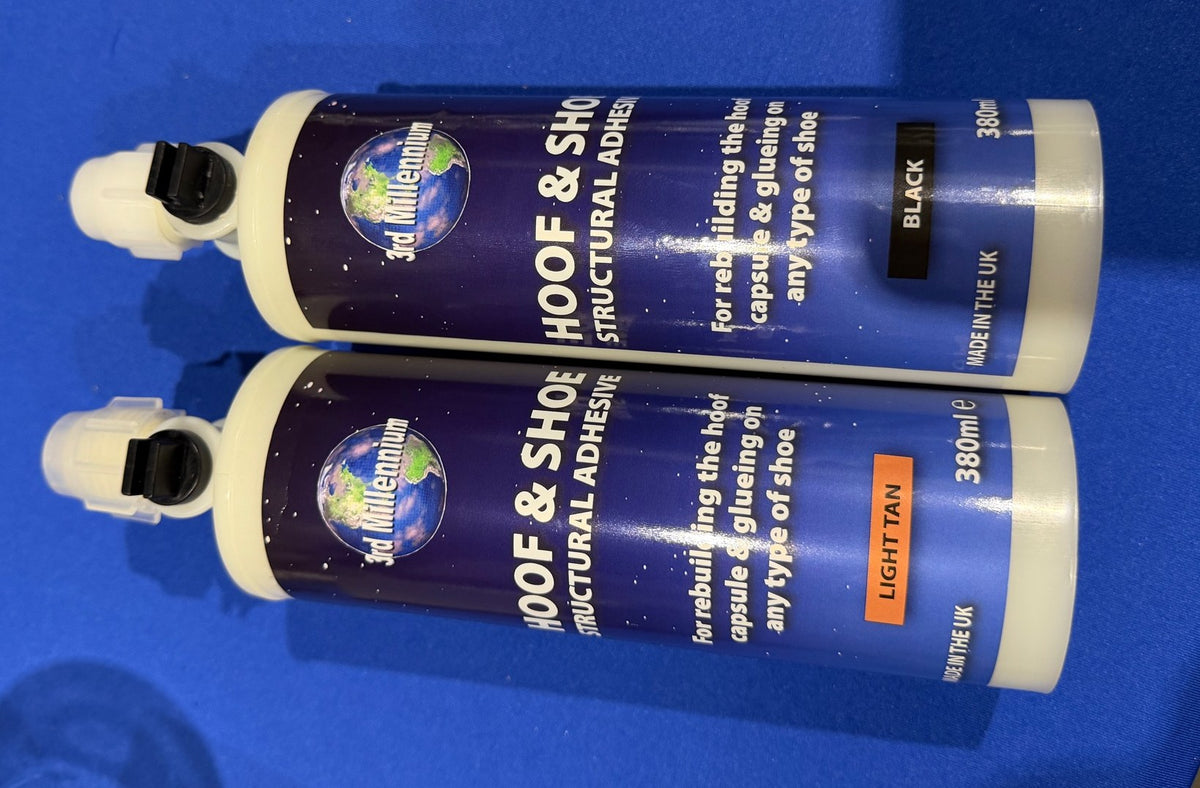 3rd Millennium Hoof and Shoe structural adhesive 380ml cartridges in Black and Light Tan